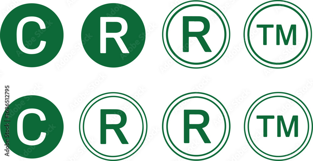 Copyright, registered, and trademark symbols in green circles, copyright, symbol, registered, trademark, c, r, tm, legal, intellectual, property, protection, brand, business, commerce, law, ownership,