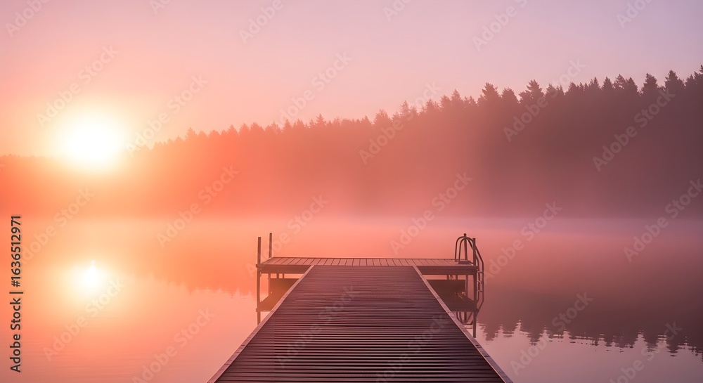 Fototapeta premium Sunrise over a misty lake with a wooden dock