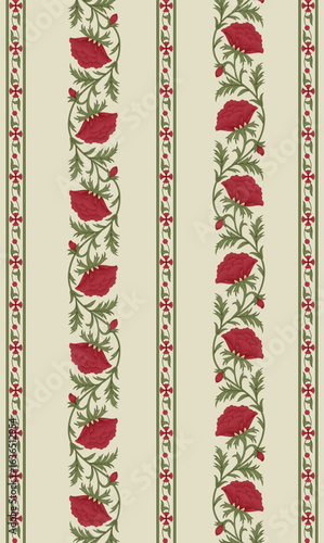 Mughal-style vertical floral border featuring bold crimson blossoms with curling vine tendrils, reflecting the grandeur of royal textile traditions