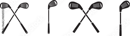 Golf club icons in various arrangements sport equipment, golf, club, sport, equipment, game, recreation, leisure, activity, athlete, player, swing, hit, ball, course, green, fairway, tee, putter, iron
