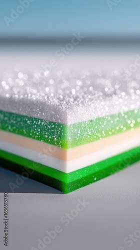 Abstract Layered Composition with Frosted Green and White Surfaces