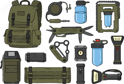 Survival and Outdoor Adventure Gear Equipment Kit Vector Illustration