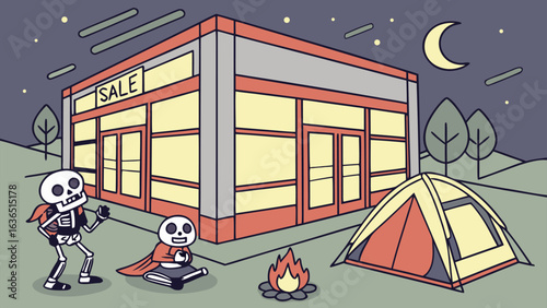 Skeletons enjoy a night of camping and a sale at a store under a crescent moon
