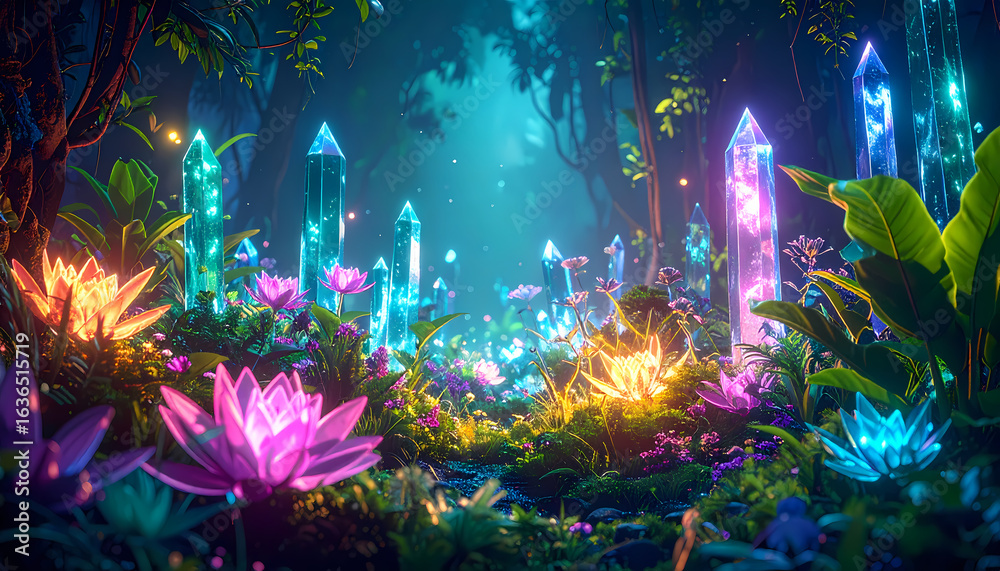 Obraz premium Magical fantasy landscape of glowing forest filled with luminous crystal and flower. An enchanted scene of vibrant nature, creating wondrous and mysterious feeling at night