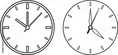 Two outline clocks showing different times watch hour, clock, time, watch, hour, minute, second, hand, dial, face, numbers, markers, analog, timepiece, measurement, schedule, punctuality, deadline, ap