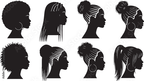 Women's hairstyles and profiles silhouettes woman, woman, silhouette, profile, hair, hairstyle, beauty, fashion, female, head, portrait, style, elegant, modern, black, white, hair bun, braided hair, a