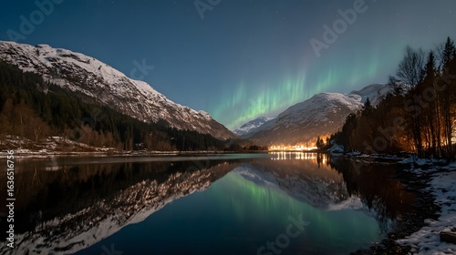 Aurora borealis reflected in a still lake, nestled between snow-capped mountains.