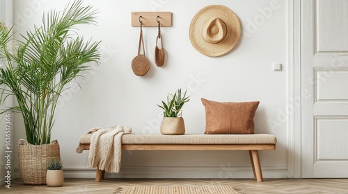 Modern living room interior with wooden table and house plants