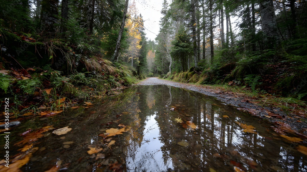 Obraz premium A puddle reflecting trees in a forest path.
