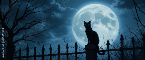 Mysterious black cat graveyard night scene moonlit environment spooky viewpoint halloween concept