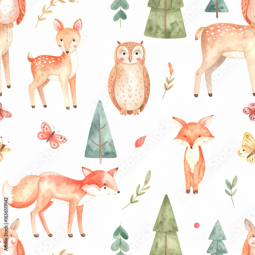 Watercolor Woodland animals seamless pattern. Fabric wallpaper forest with baby deer.