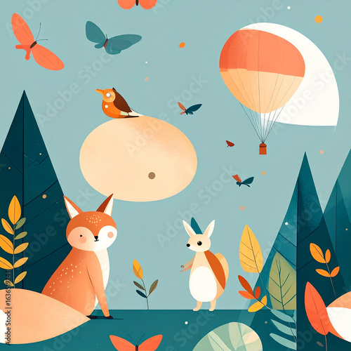 Watercolor Woodland animals seamless pattern. Fabric wallpaper forest with baby deer.