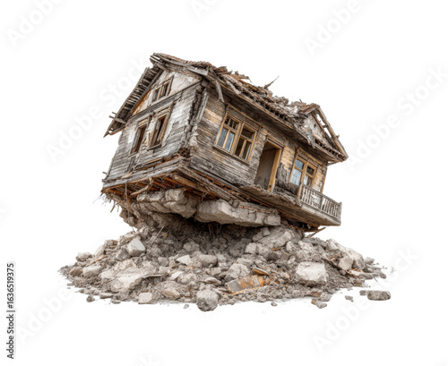 Devastating earthquake destroys old house on rocky ground urban landscape hdr isolated on transparent background, png