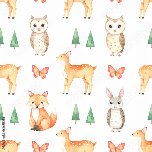 Watercolor Woodland animals seamless pattern. Fabric wallpaper forest with baby deer.
