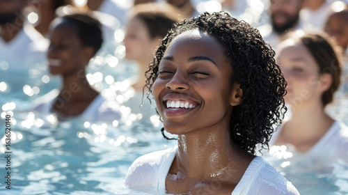 baptism, close up of smiling happy african american woman in white clothes among group of people being baptized in water of river or lake, baptists accept faith, religion, christianity, sacrament