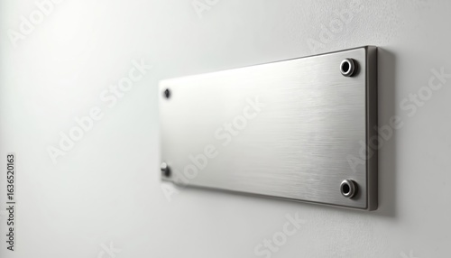 Sleek stainless steel blank metal plaque attached to wall. Minimalist design perfect for customizable signage, nameplates, office branding. Pro, modern, hard-wearing surface for business information