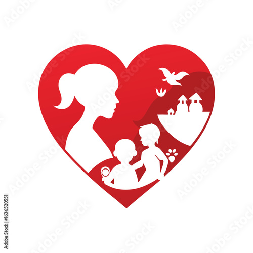 Paper cut heart filled with touching motherhood scenes vector art illustration