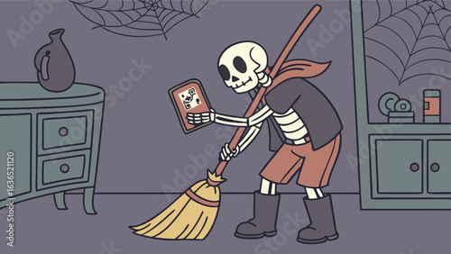 A cartoon skeleton dressed in shorts and boots sweeps the floor while holding a book with a qr code surrounded by cobwebs and antique furniture in a dimly lit room
