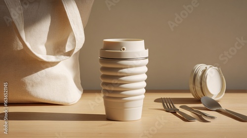 Collapsible Silicone Coffee Cup with Stainless Cutlery and Canvas Bag