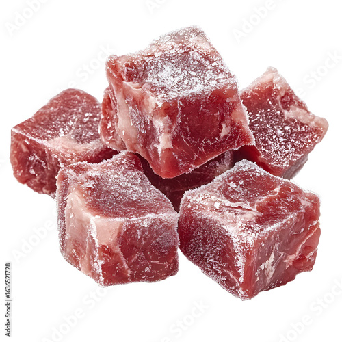 Frozen Raw Beef Cubes Covered in Ice Crystals: Professional Kitchen Imagery