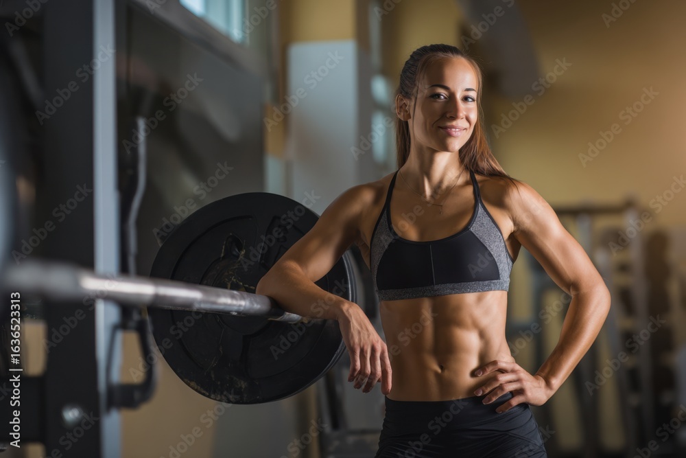 Obraz premium Strong Female Athlete Confidently Poses in Gym With Weights in the Background