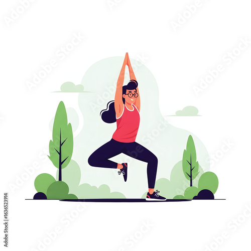 Healthy Young Man Practicing Yoga in the Park, Maintaining Balance in a Tree Pose (Vrksasana) Against a Serene Nature Background