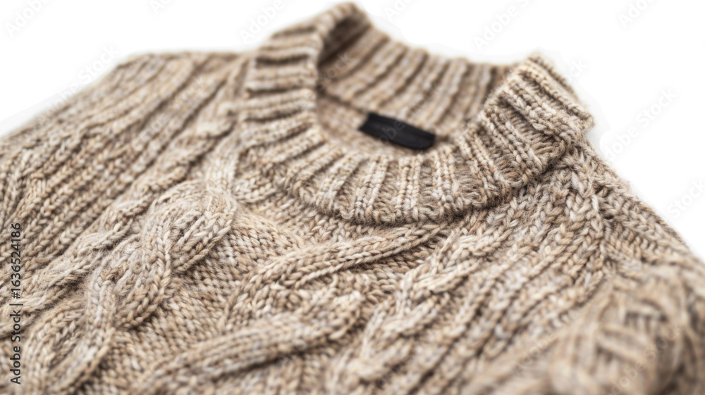 Fototapeta premium Soft alpaca blend cable knit sweater with a ribbed collar, isolated on a white background. Perfect for fashion and apparel themes.