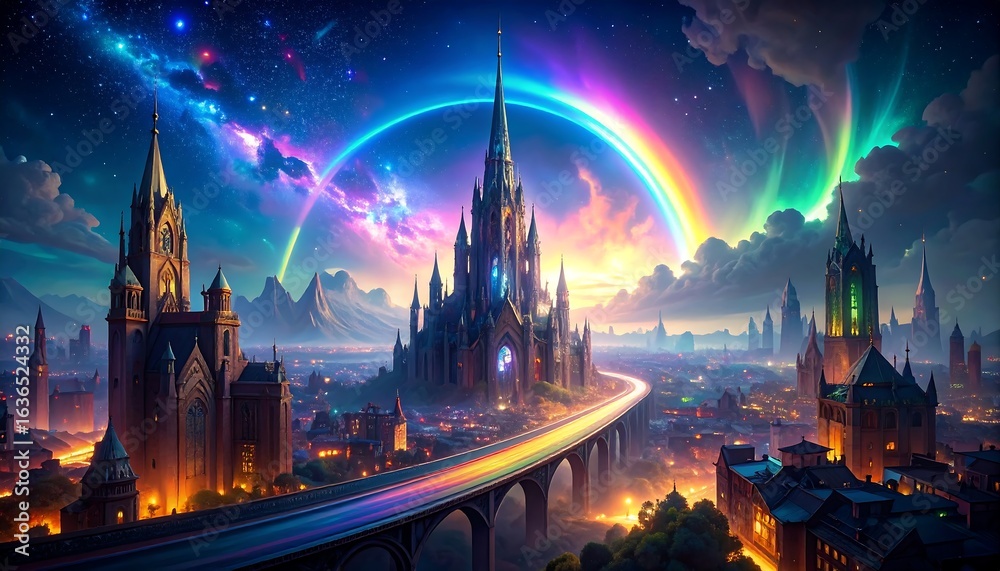 Obraz premium Fantasy Cityscape with Rainbow, Bridge, and Illuminated Castle Under Starry Sky