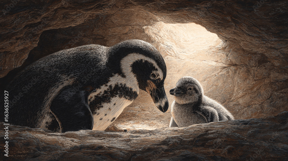 Obraz premium Humboldt Penguin with Chick in Nesting Cave Wildlife Portrait