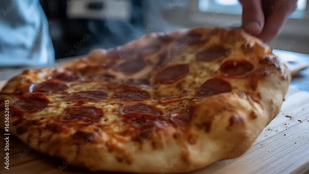 A Golden Brown Pepperoni Pizza on a Wooden Board, Closeup View, Showing Melted Cheese and Steaming Hot Pepperoni Slices. The Pizza Sits on a Light A Golden Brown Pepperoni Pizza on a Wooden Board, Closeup View, Showing Melted Cheese and Steaming Hot Pepperoni Slices. The Pizza Sits on a Light