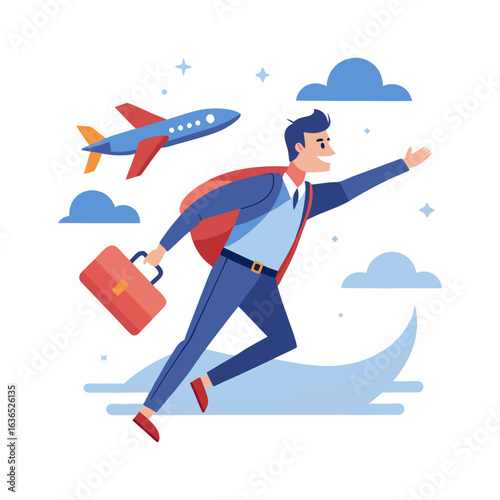 Confident Businessman Flying for Corporate Trip with Suitcase – Modern Vector Illustration of Air Travel and Professional Journey