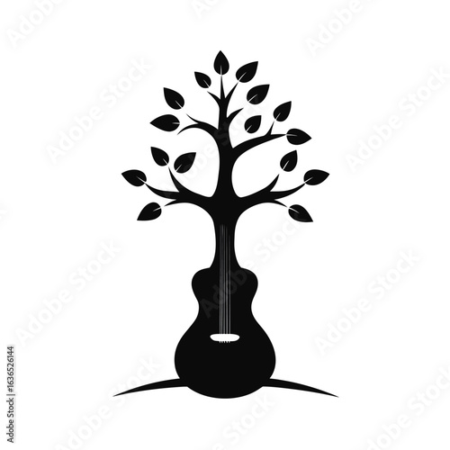 Guitar silhouette growing into a tree of rhythmic leaves vector art illustration