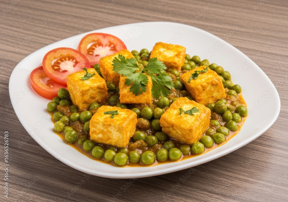 Fototapeta premium Delicious indian paneer and peas curry with tomato garnish
