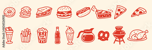 Pixel Art Fast Food Icon Set. Red 8-bit vector illustration of a burger, pizza, and hot dog. Retro video game graphic clipart of classic American junk food. Diner food sprite collection.