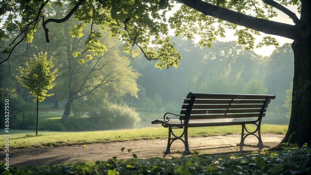 Naklejka premium Back view of wooden park bench under natural daylight, peaceful outdoor seating in green landscape public park for relaxation and leisure.