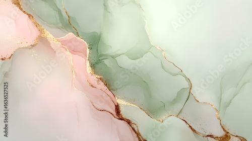 Abstract Alcohol Ink Background with Rose Pink, Sage Green, and Glistening Gold Glitter Accents