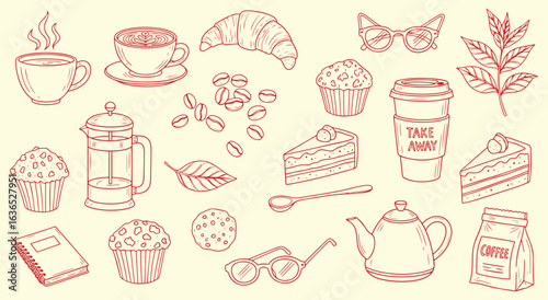 Coffee Shop Icon Set. Red hand drawn vector illustration of coffee, cake, and pastries. Cafe doodle clipart for a restaurant menu, bakery, and breakfast design. Coffee and tea graphic.