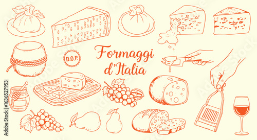 Italian Cheese Icon Set. Orange hand drawn vector illustration of various cheeses from Italy. Formaggi d'Italia doodle clipart for a restaurant menu, food, and wine pairing design.