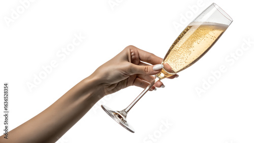 Photo of womans hand holding a champagne flute filled with sparkling wine, isolated on transparent background