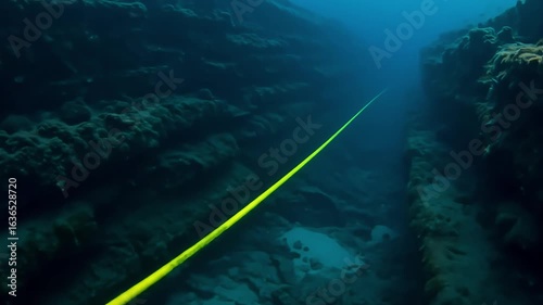 Yellow glowing submarine communication cable lying along the ocean floor, representing active global internet and data transfer operations.