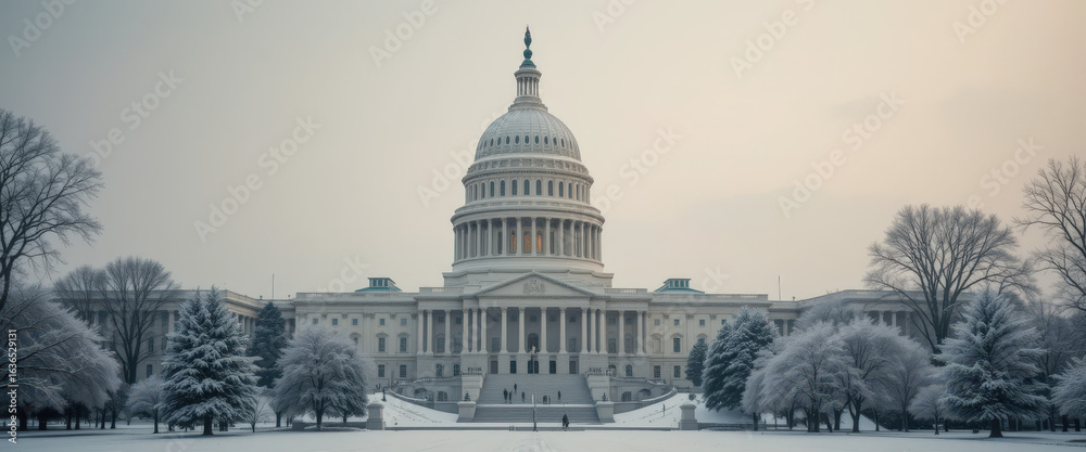 Fototapeta premium Snowy winter scene capturing the u.S. Capitol building tranquil landscape photography wide angle view of architectural beauty