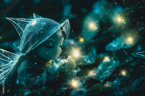 Magical fairy with glittering wings and hooded cape holding light in hands in an enchanted forest at night with glowing sparkles