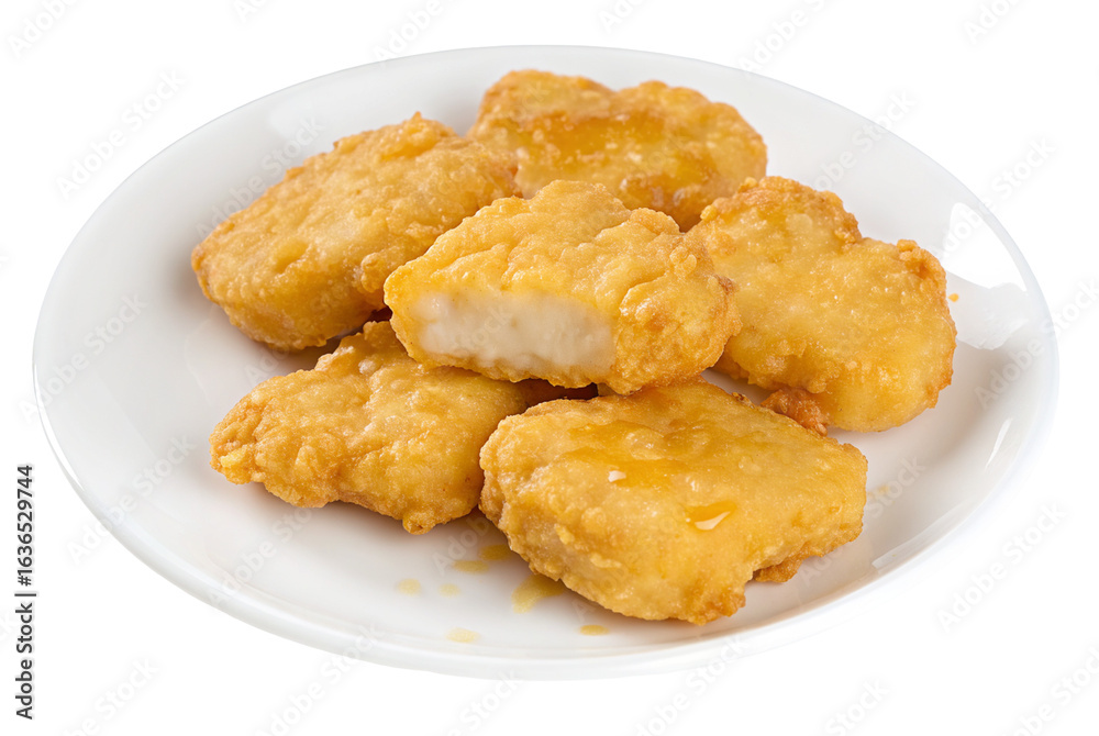 Crispy and delicious chicken nuggets on a white plate perfect for a tasty quick meal or snack Crispy and delicious chicken nuggets on a white plate perfect for a tasty quick meal or snack