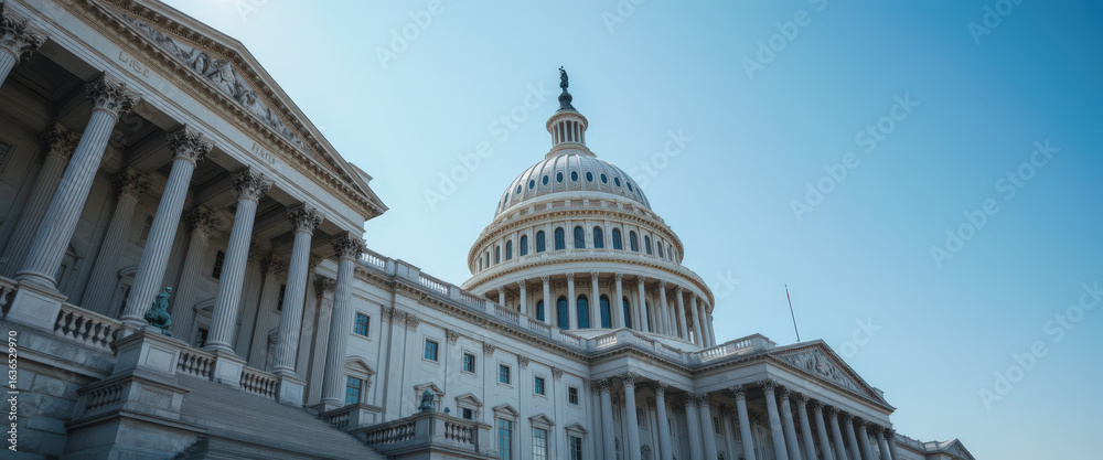 Fototapeta premium Legislative gathering at the u.S. Capitol washington d.C. Architectural event clear sky environment low angle viewpoint government dynamics