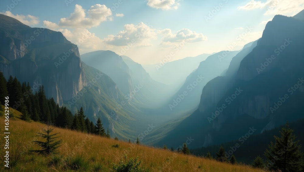 Obraz premium Mountain valley vista with hazy atmosphere.