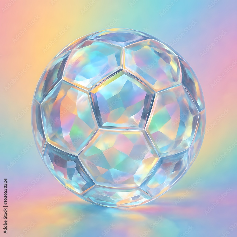 Fototapeta premium A transparent crystal football reflecting rainbow colors, placed on a minimal gradient background, perfect for modern sports art.