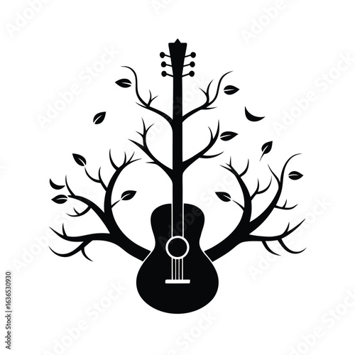 Surreal guitar merging with a tree of floating notes vector art illustration