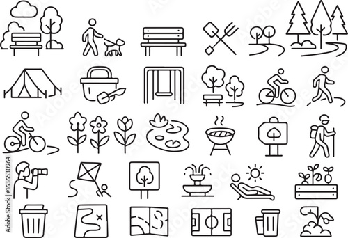 Park Line Icons – Dog Walk, Bench, Gardening, Forest, Picnic, Playground, Camping, Nature Vector Illustration