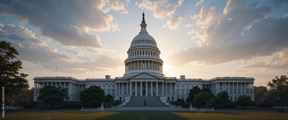 Fototapeta premium Sunset over the u.S. Capitol building washington d.C. Architectural photography outdoor wide angle government icon