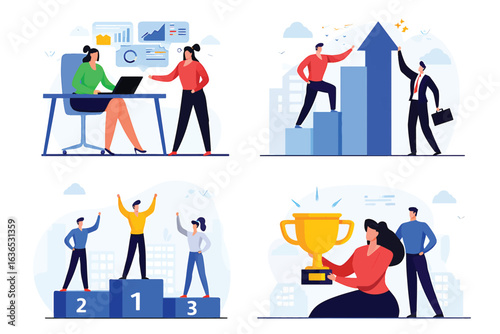 Vector set of business and finance icons with a businesswoman character
